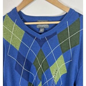 New Lyle & Scott Men's 100% Combed Cotton V-Neck Sweater Blue Argyle • Large